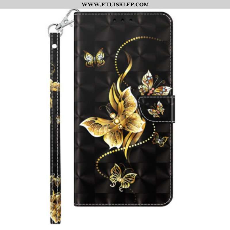 Etui Na Telefon Pokrowce do iPhone 14 Pro z Łańcuch Złote Motyle Z Paskiem